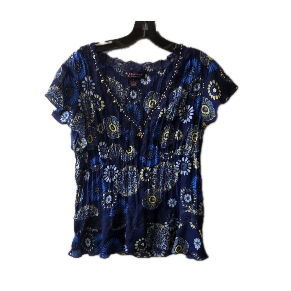 Signature by Robbie Bee Boho Blouse‎ Women's 10  Blue Floral Beaded V Neck